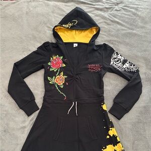 NWOT Classic Ed Hardy Women's Black Hoodie Dress with Drawstring Waist Size L